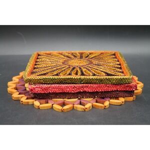 Set of 4 Vintage Woven Straw Trivets Hot Pads Floral Sunflower Wood Bead